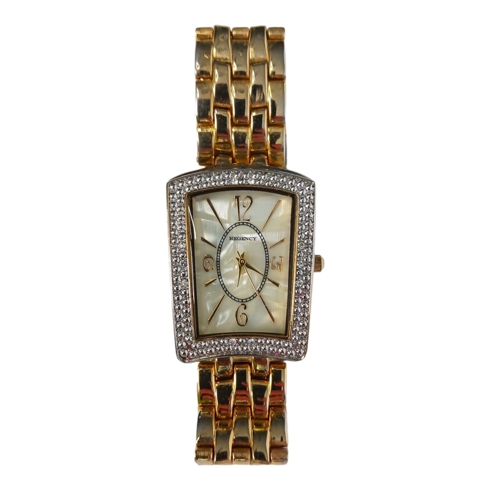 WORKS Regency Womens Gold Tone Watch Rhinestones Shell Large Quiet Luxury